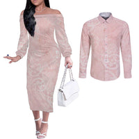 Polynesian Tiare Monstera Soft Pink Couples Matching Off The Shoulder Long Sleeve Dress and Long Sleeve Button Shirt Liquid Style - Polynesian Pride