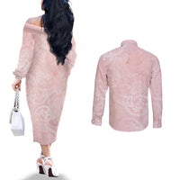 Polynesian Tiare Monstera Soft Pink Couples Matching Off The Shoulder Long Sleeve Dress and Long Sleeve Button Shirt Liquid Style - Polynesian Pride