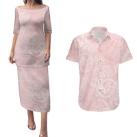 Polynesian Tiare Monstera Soft Pink Couples Matching Puletasi and Hawaiian Shirt Liquid Style - Polynesian Pride