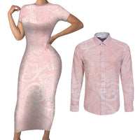 Polynesian Tiare Monstera Soft Pink Couples Matching Short Sleeve Bodycon Dress and Long Sleeve Button Shirt Liquid Style - Polynesian Pride