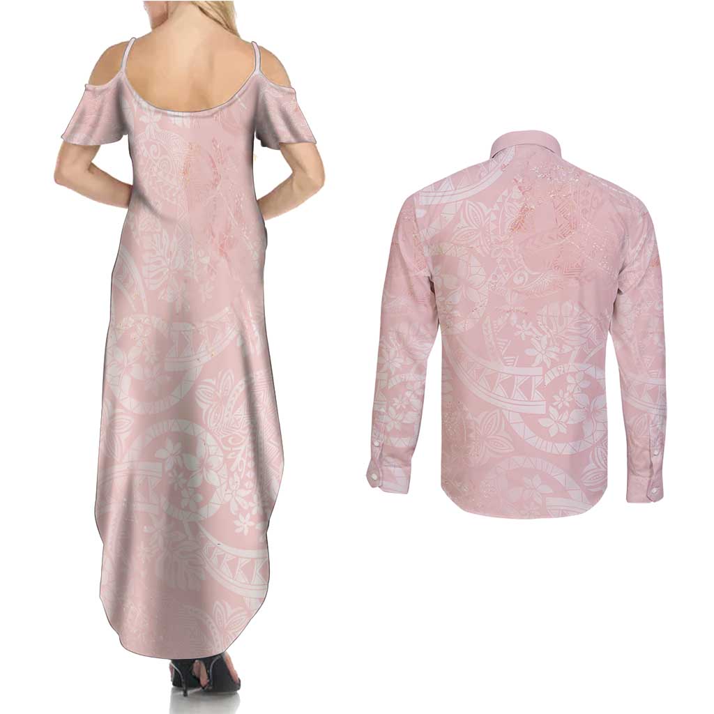 Polynesian Tiare Monstera Soft Pink Couples Matching Summer Maxi Dress and Long Sleeve Button Shirt Liquid Style - Polynesian Pride