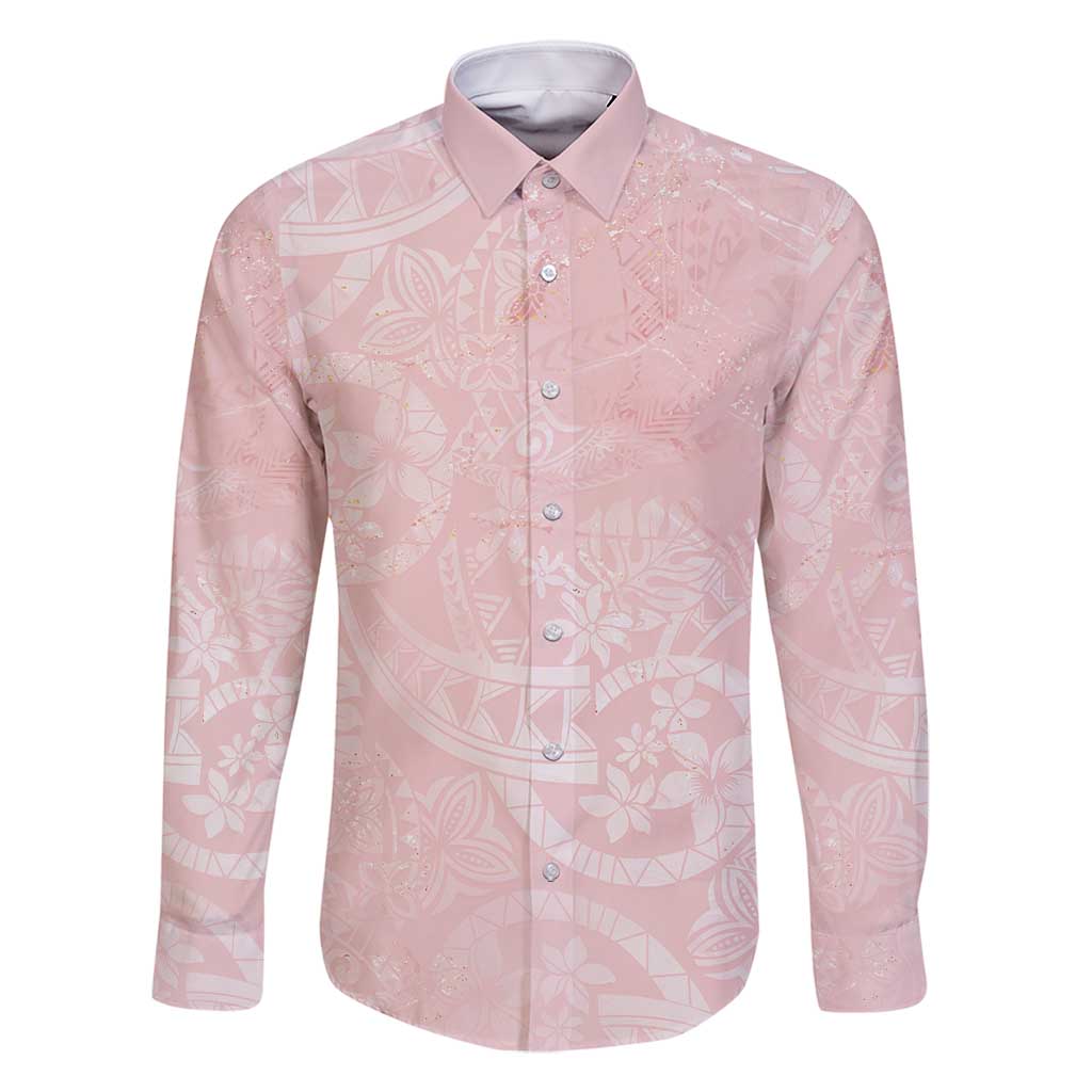 Polynesian Tiare Monstera Soft Pink Family Matching Long Sleeve Bodycon Dress and Hawaiian Shirt Liquid Style - Polynesian Pride