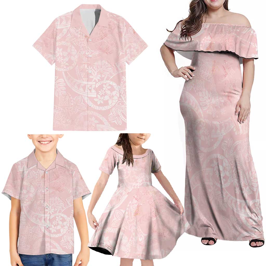 Polynesian Tiare Monstera Soft Pink Family Matching Off Shoulder Maxi Dress and Hawaiian Shirt Liquid Style - Polynesian Pride