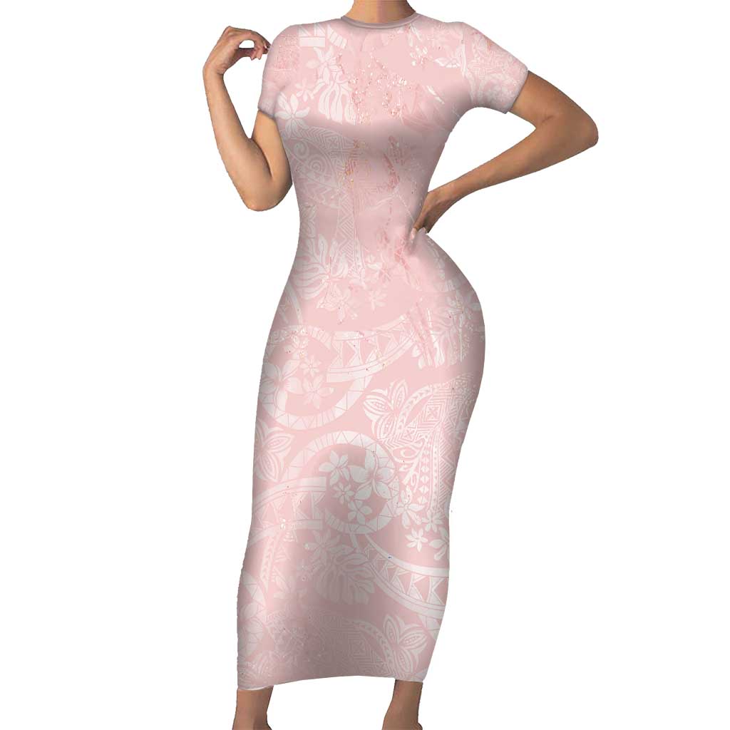Polynesian Tiare Monstera Soft Pink Family Matching Short Sleeve Bodycon Dress and Hawaiian Shirt Liquid Style - Polynesian Pride