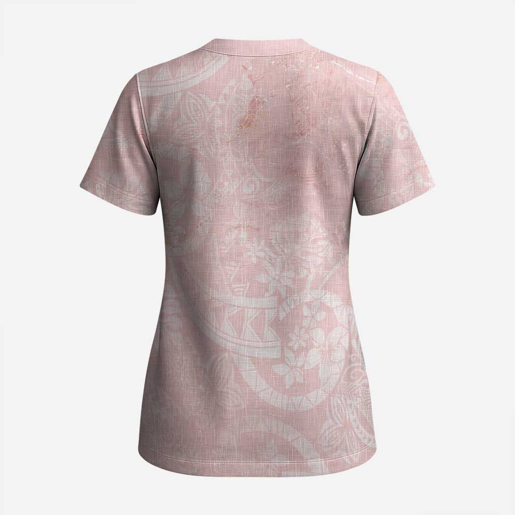 Polynesian Tiare Monstera Soft Pink Scrub Top Liquid Style - Polynesian Pride