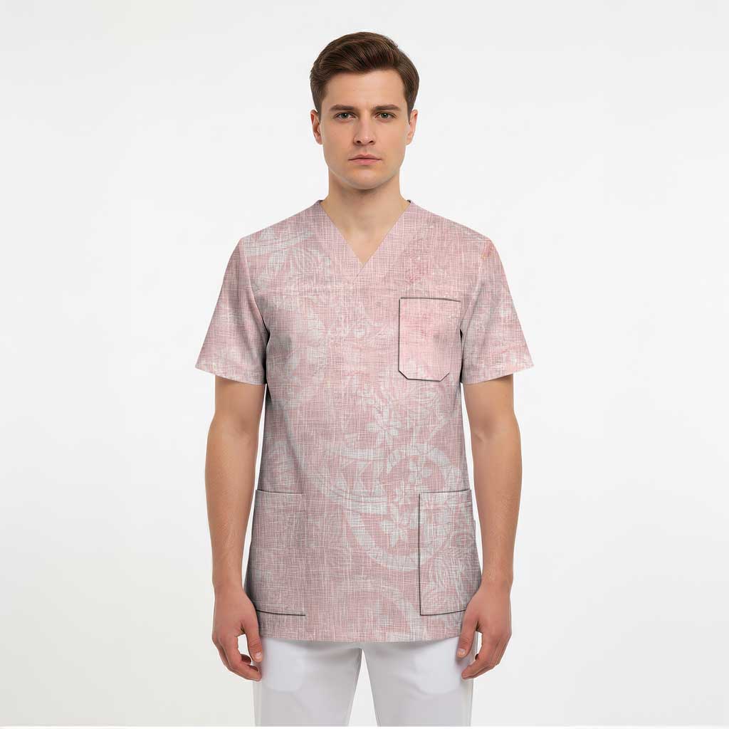 Polynesian Tiare Monstera Soft Pink Scrub Top Liquid Style - Polynesian Pride