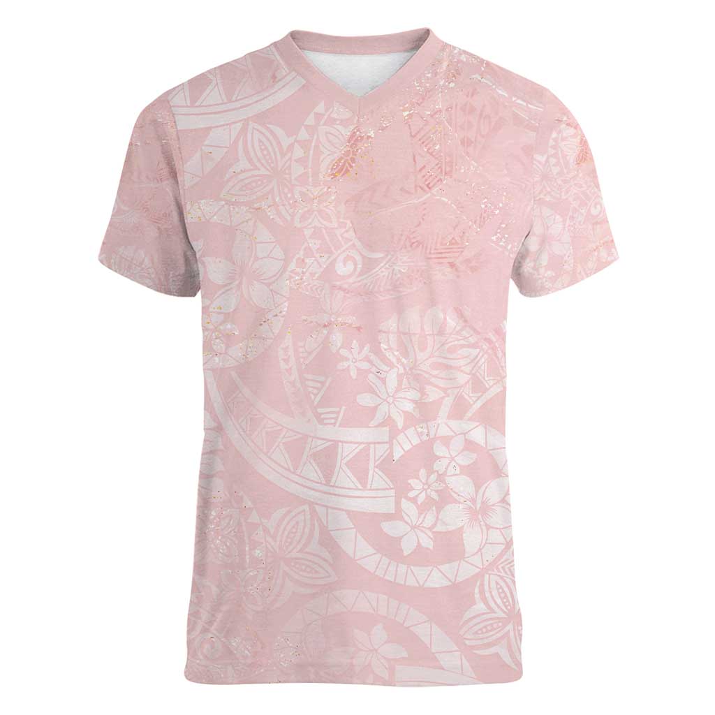 Polynesian Tiare Monstera Soft Pink Women V-Neck T-Shirt Liquid Style - Polynesian Pride