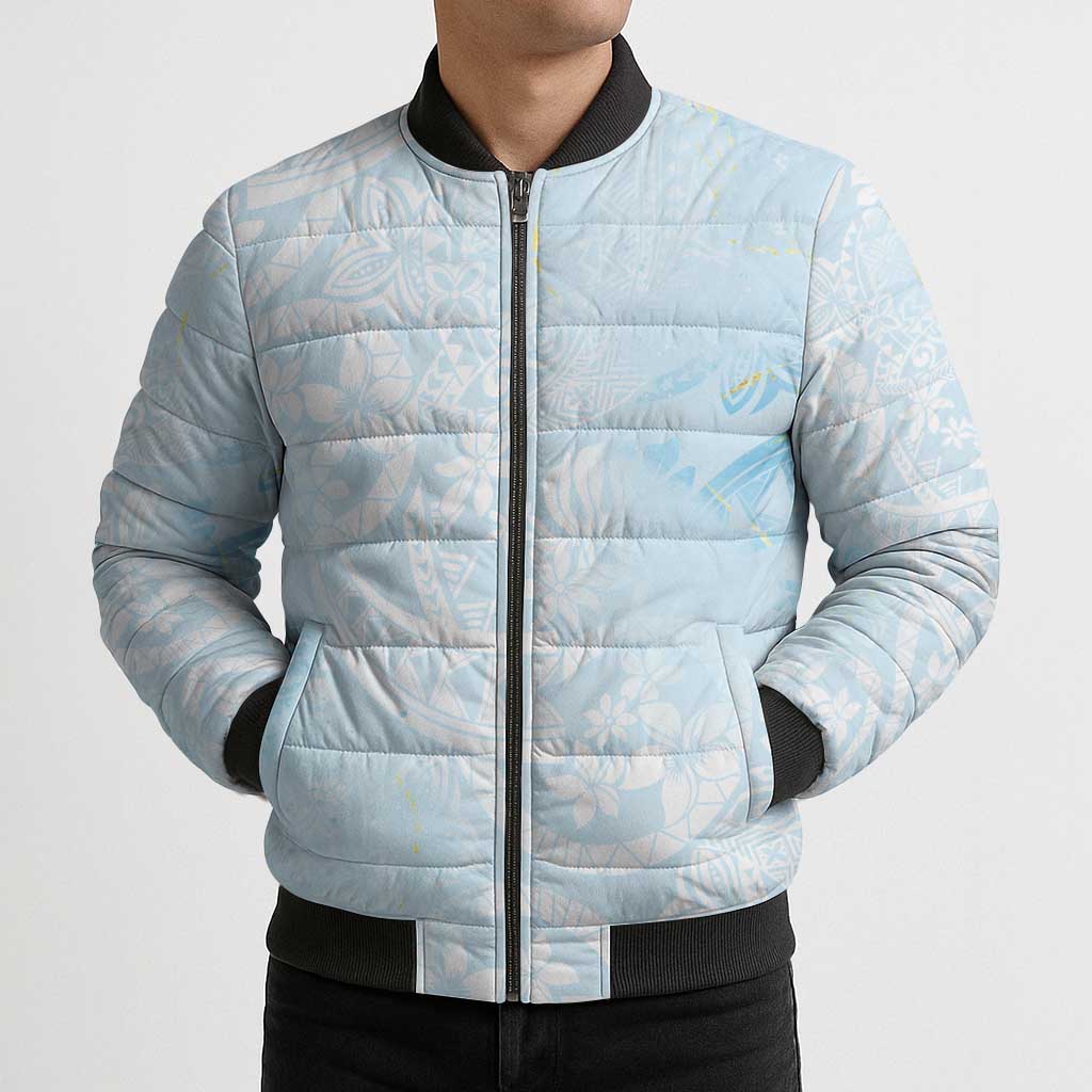 Polynesian Tiare Monstera Baby Blue Bomber Puffer Jacket Liquid Style - Polynesian Pride