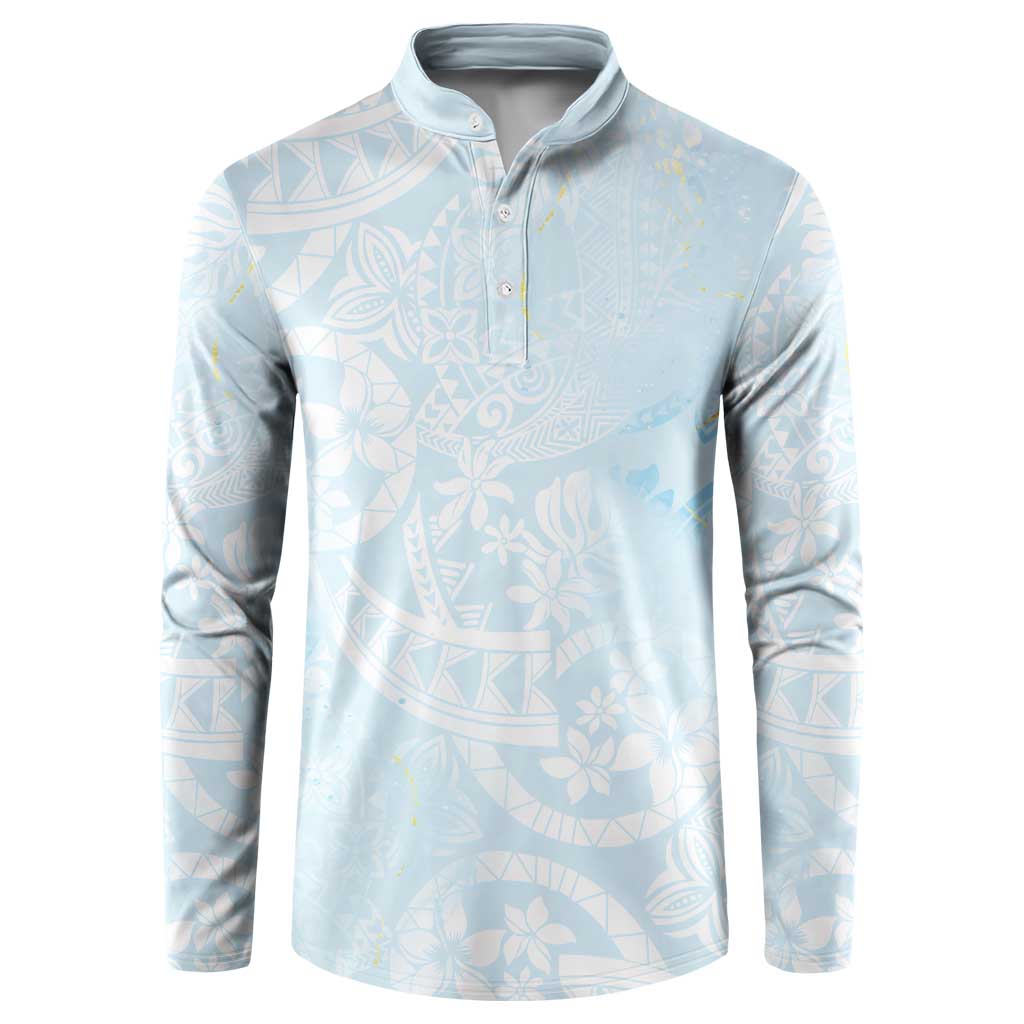 Polynesian Tiare Monstera Baby Blue Button Sweatshirt Liquid Style - Polynesian Pride