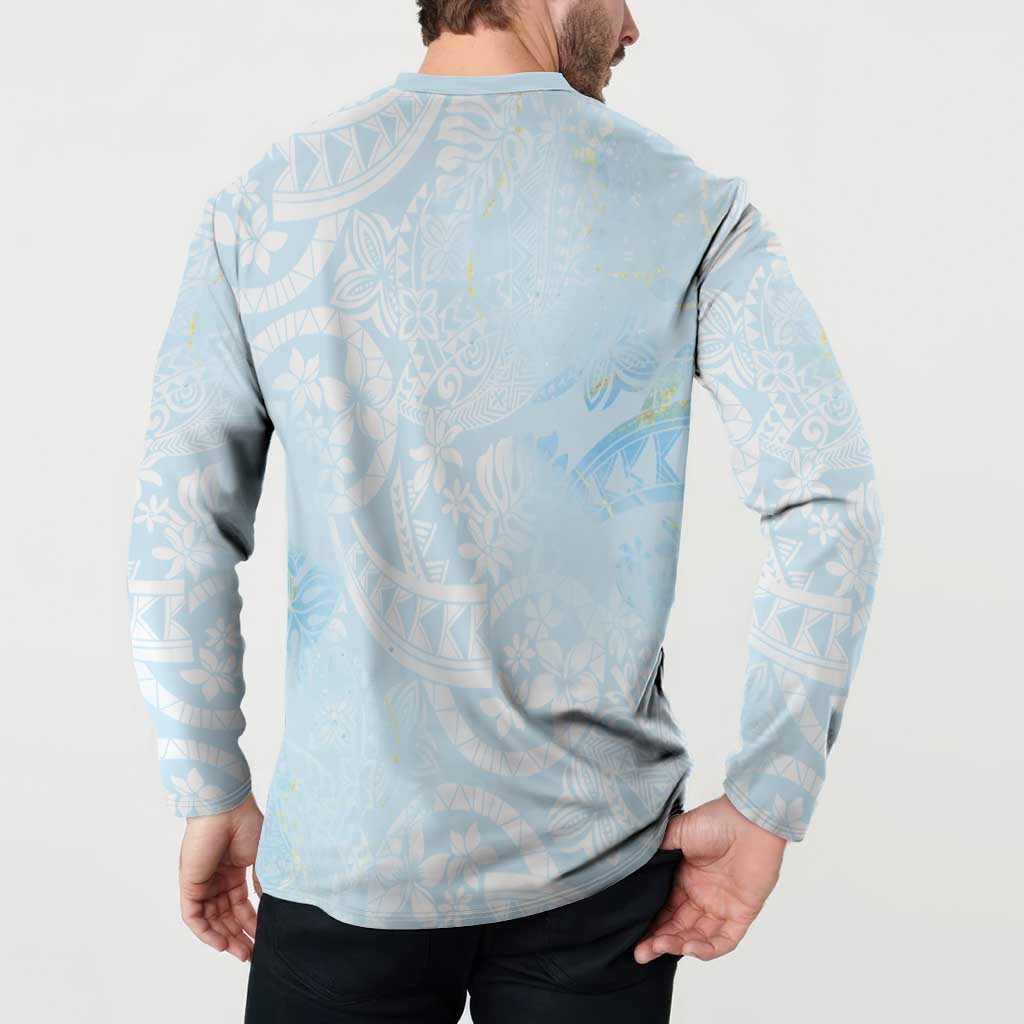 Polynesian Tiare Monstera Baby Blue Button Sweatshirt Liquid Style - Polynesian Pride