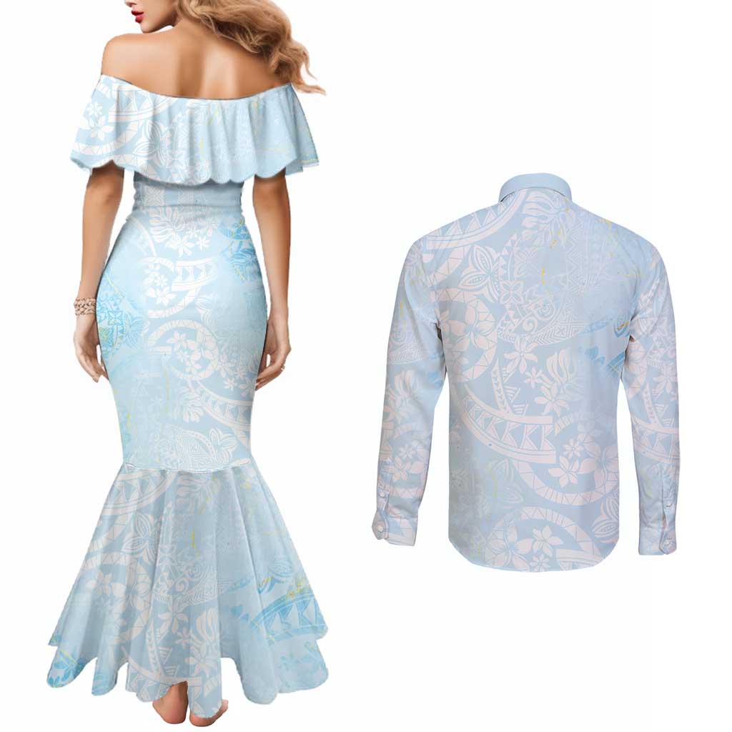 Polynesian Tiare Monstera Baby Blue Couples Matching Mermaid Dress and Long Sleeve Button Shirt Liquid Style - Polynesian Pride