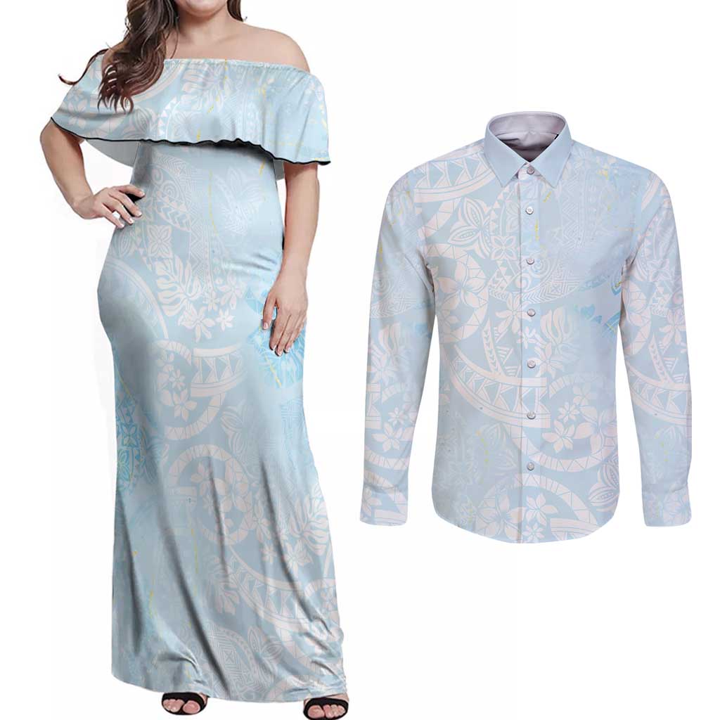 Polynesian Tiare Monstera Baby Blue Couples Matching Off Shoulder Maxi Dress and Long Sleeve Button Shirt Liquid Style - Polynesian Pride