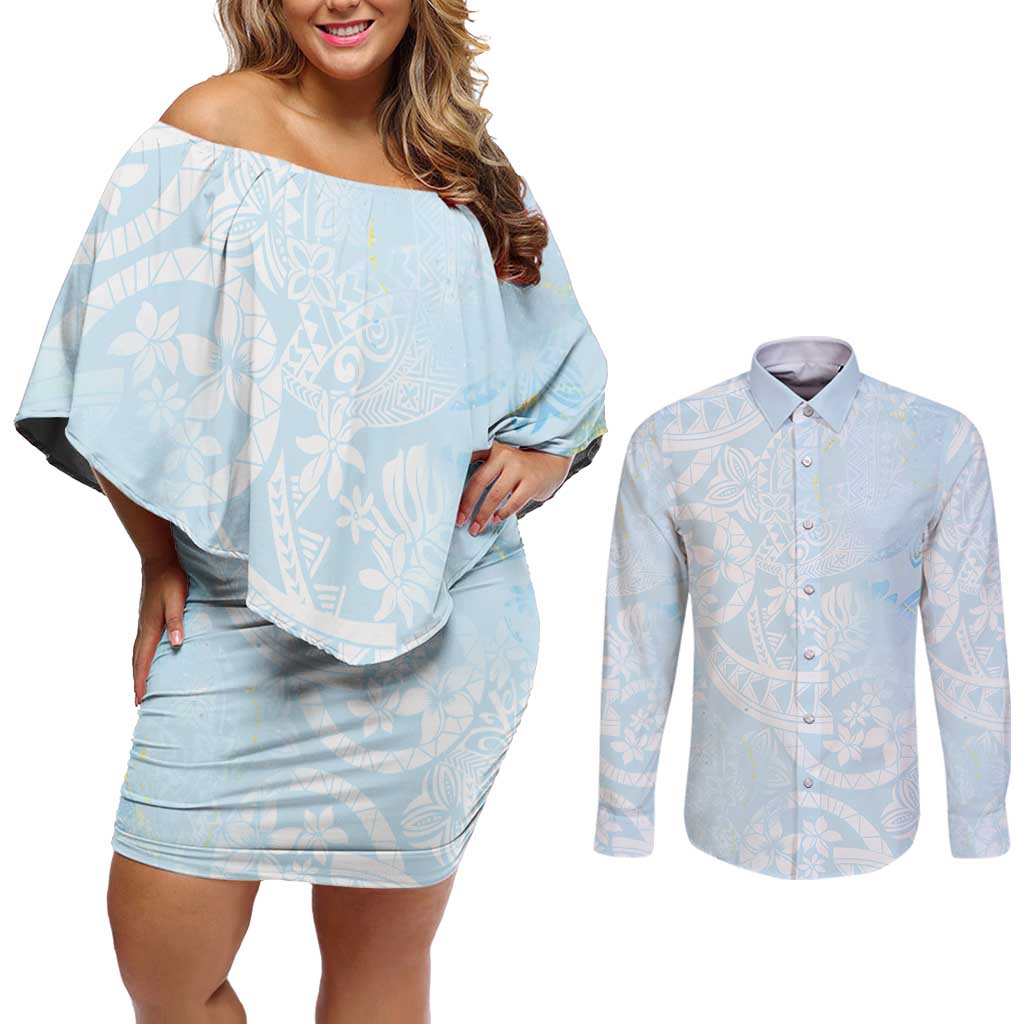 Polynesian Tiare Monstera Baby Blue Couples Matching Off Shoulder Short Dress and Long Sleeve Button Shirt Liquid Style - Polynesian Pride