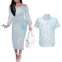 Polynesian Tiare Monstera Baby Blue Couples Matching Off The Shoulder Long Sleeve Dress and Hawaiian Shirt Liquid Style - Polynesian Pride