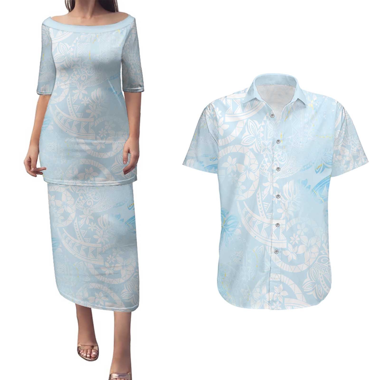 Polynesian Tiare Monstera Baby Blue Couples Matching Puletasi and Hawaiian Shirt Liquid Style - Polynesian Pride