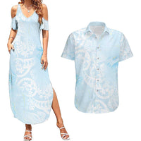 Polynesian Tiare Monstera Baby Blue Couples Matching Summer Maxi Dress and Hawaiian Shirt Liquid Style - Polynesian Pride