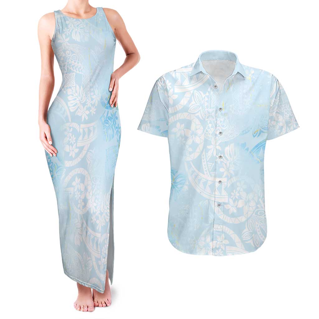 Polynesian Tiare Monstera Baby Blue Couples Matching Tank Maxi Dress and Hawaiian Shirt Liquid Style - Polynesian Pride