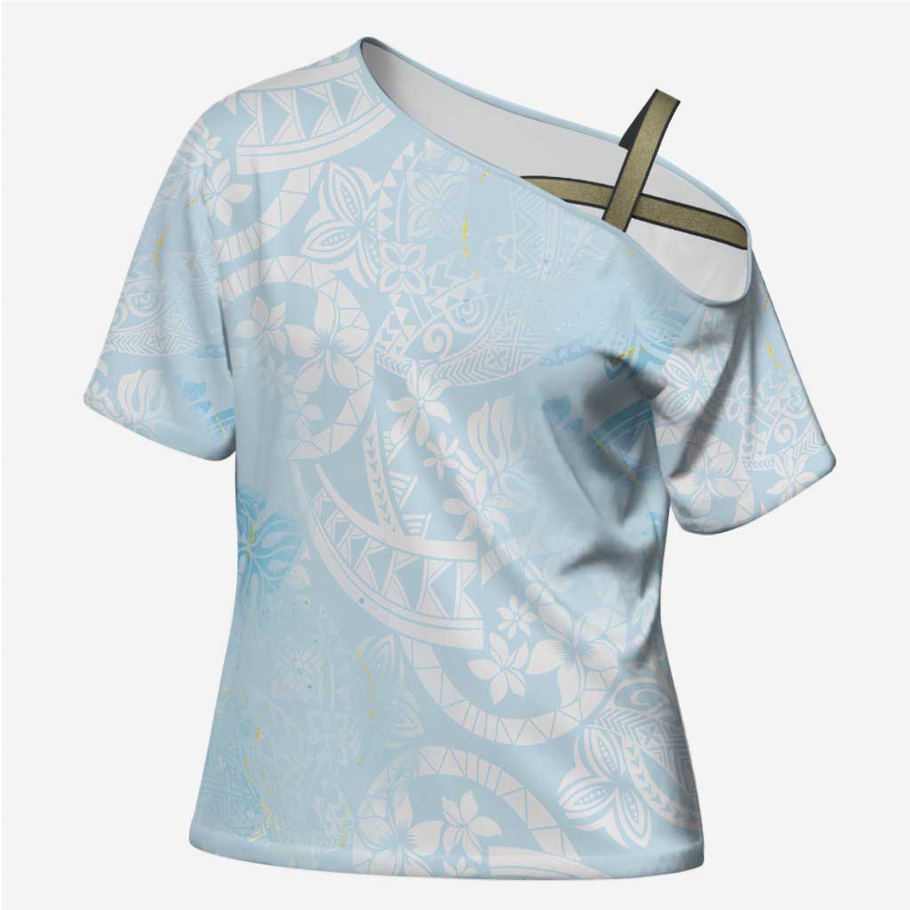 Polynesian Tiare Monstera Baby Blue Cross Shoulder Shirt Liquid Style - Polynesian Pride