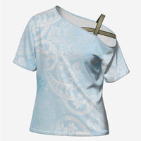 Polynesian Tiare Monstera Baby Blue Cross Shoulder Shirt Liquid Style - Polynesian Pride