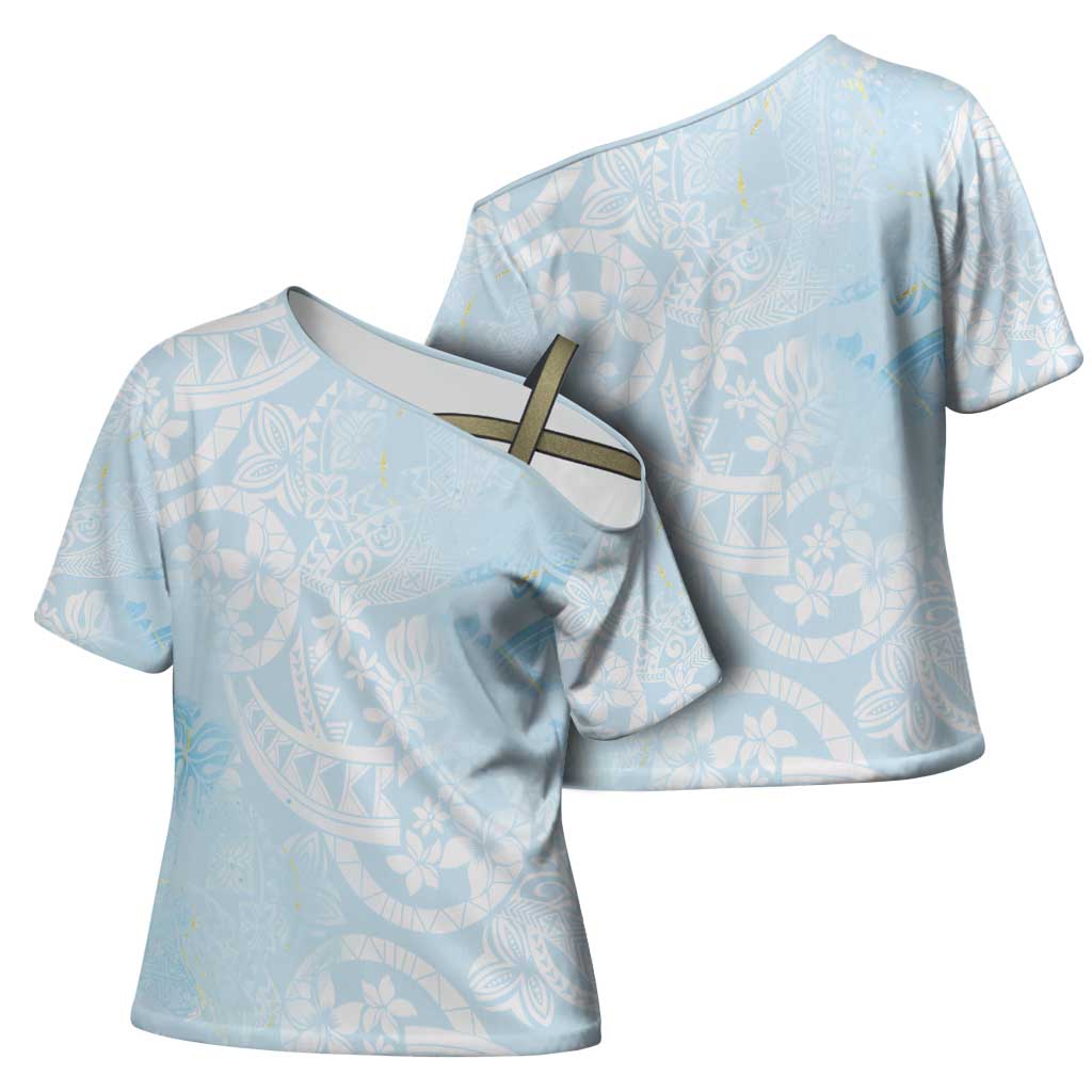Polynesian Tiare Monstera Baby Blue Cross Shoulder Shirt Liquid Style - Polynesian Pride