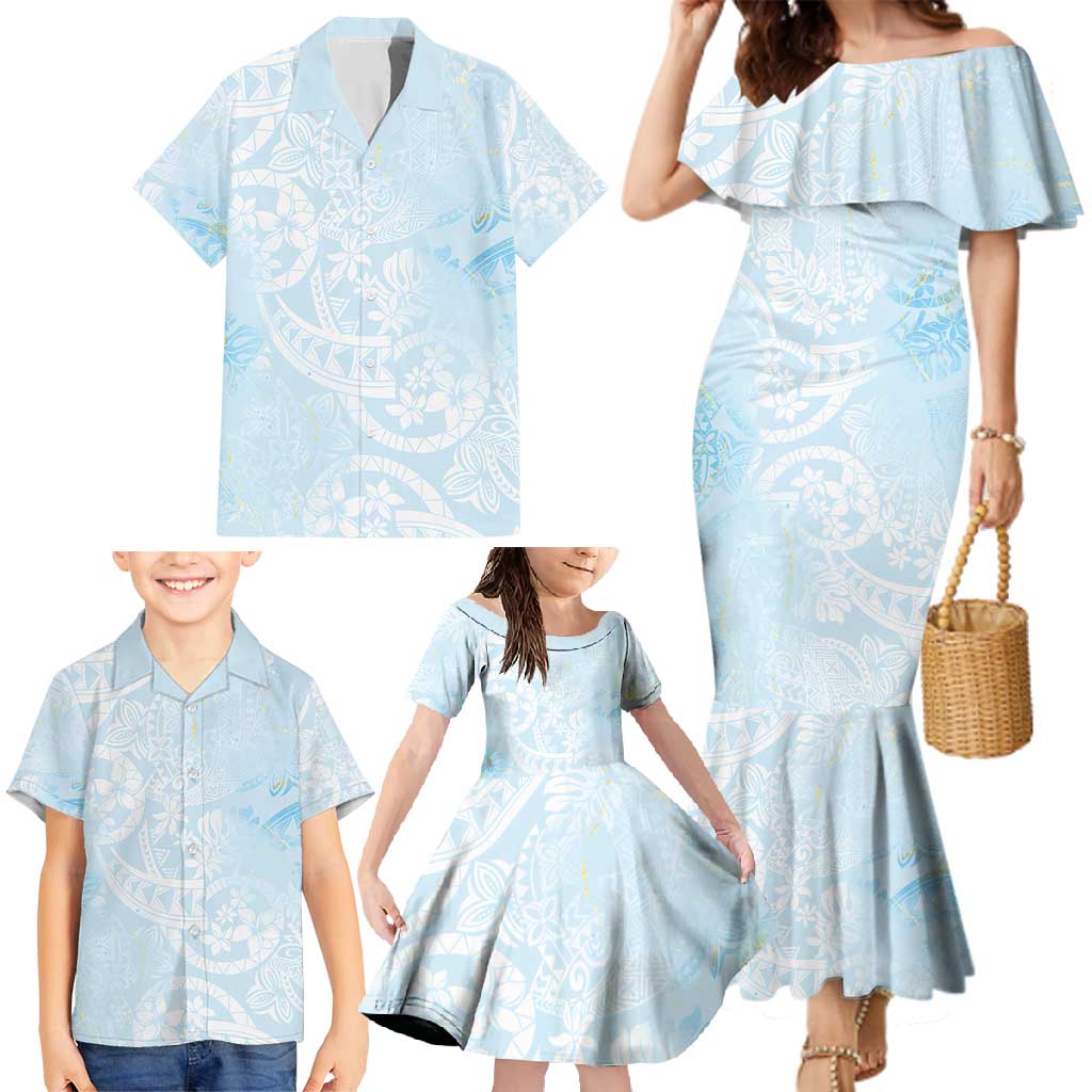 Polynesian Tiare Monstera Baby Blue Family Matching Mermaid Dress and Hawaiian Shirt Liquid Style - Polynesian Pride