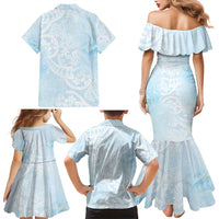 Polynesian Tiare Monstera Baby Blue Family Matching Mermaid Dress and Hawaiian Shirt Liquid Style - Polynesian Pride