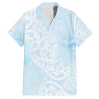 Polynesian Tiare Monstera Baby Blue Family Matching Off The Shoulder Long Sleeve Dress and Hawaiian Shirt Liquid Style - Polynesian Pride