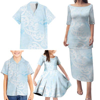 Polynesian Tiare Monstera Baby Blue Family Matching Puletasi and Hawaiian Shirt Liquid Style - Polynesian Pride