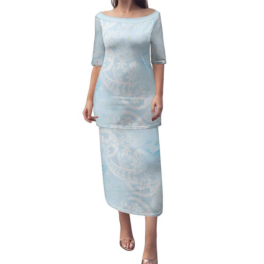 Polynesian Tiare Monstera Baby Blue Family Matching Puletasi and Hawaiian Shirt Liquid Style - Polynesian Pride