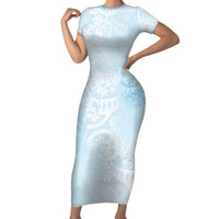 Polynesian Tiare Monstera Baby Blue Family Matching Short Sleeve Bodycon Dress and Hawaiian Shirt Liquid Style - Polynesian Pride