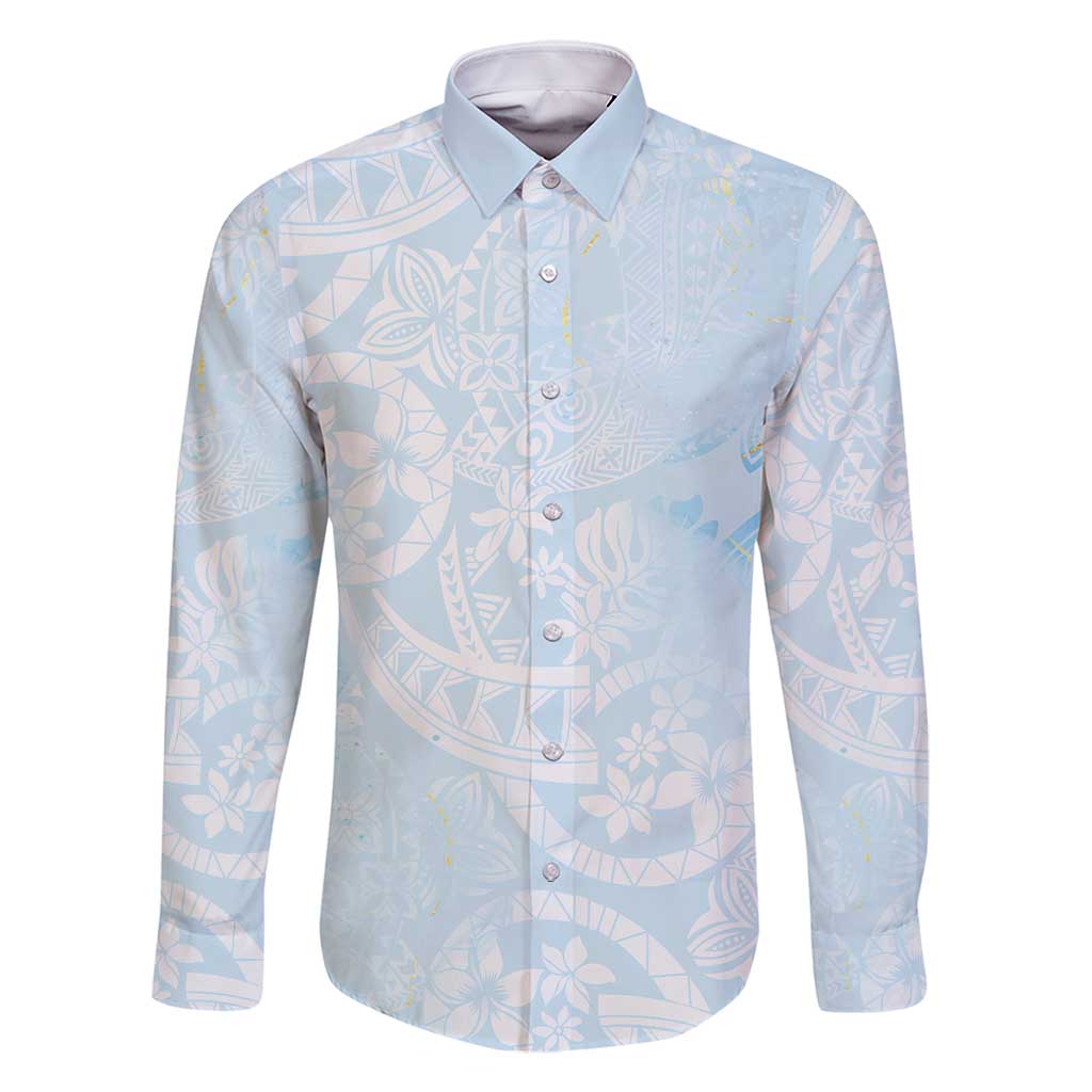 Polynesian Tiare Monstera Baby Blue Family Matching Tank Maxi Dress and Hawaiian Shirt Liquid Style - Polynesian Pride