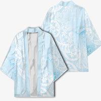 Polynesian Tiare Monstera Baby Blue Kimono Liquid Style - Polynesian Pride