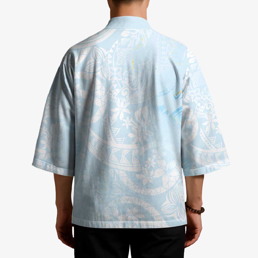 Polynesian Tiare Monstera Baby Blue Kimono Liquid Style - Polynesian Pride