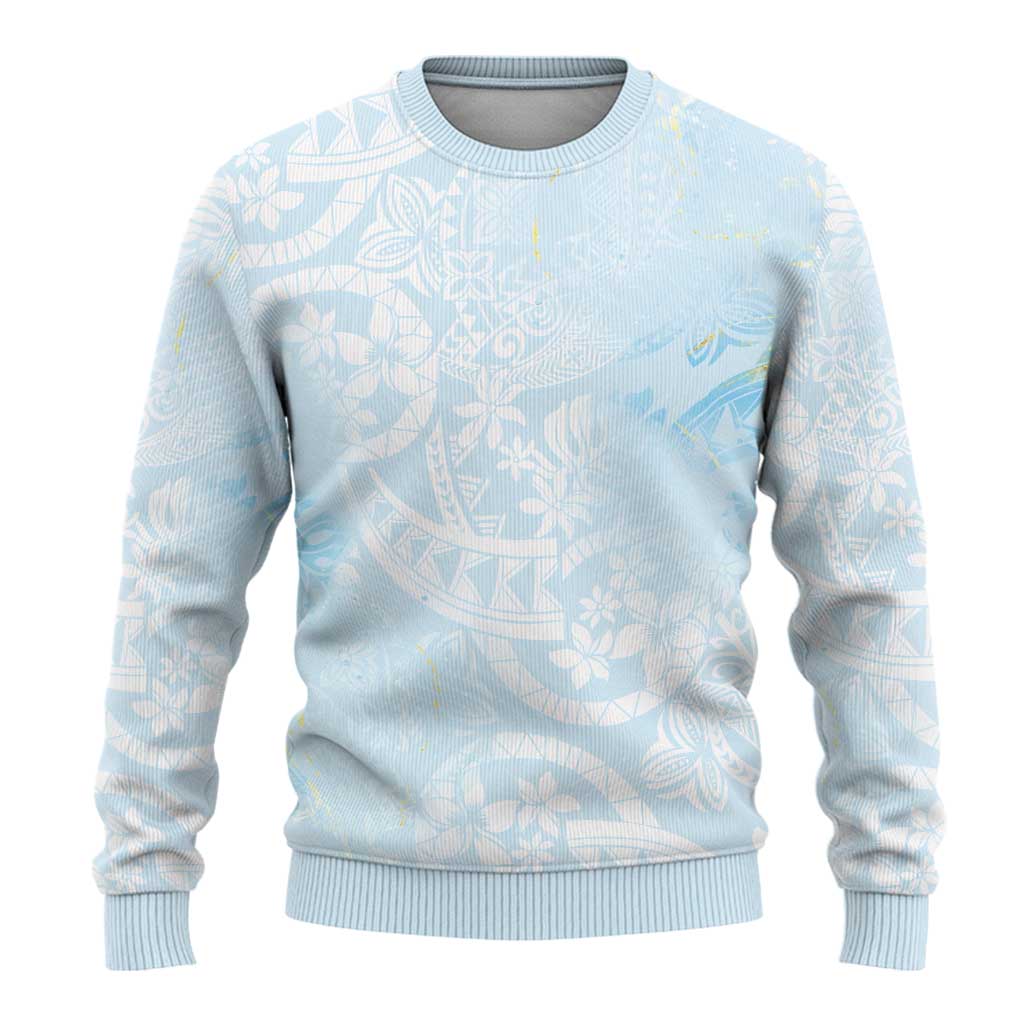 Polynesian Tiare Monstera Baby Blue Ugly Christmas Sweater Liquid Style - Polynesian Pride