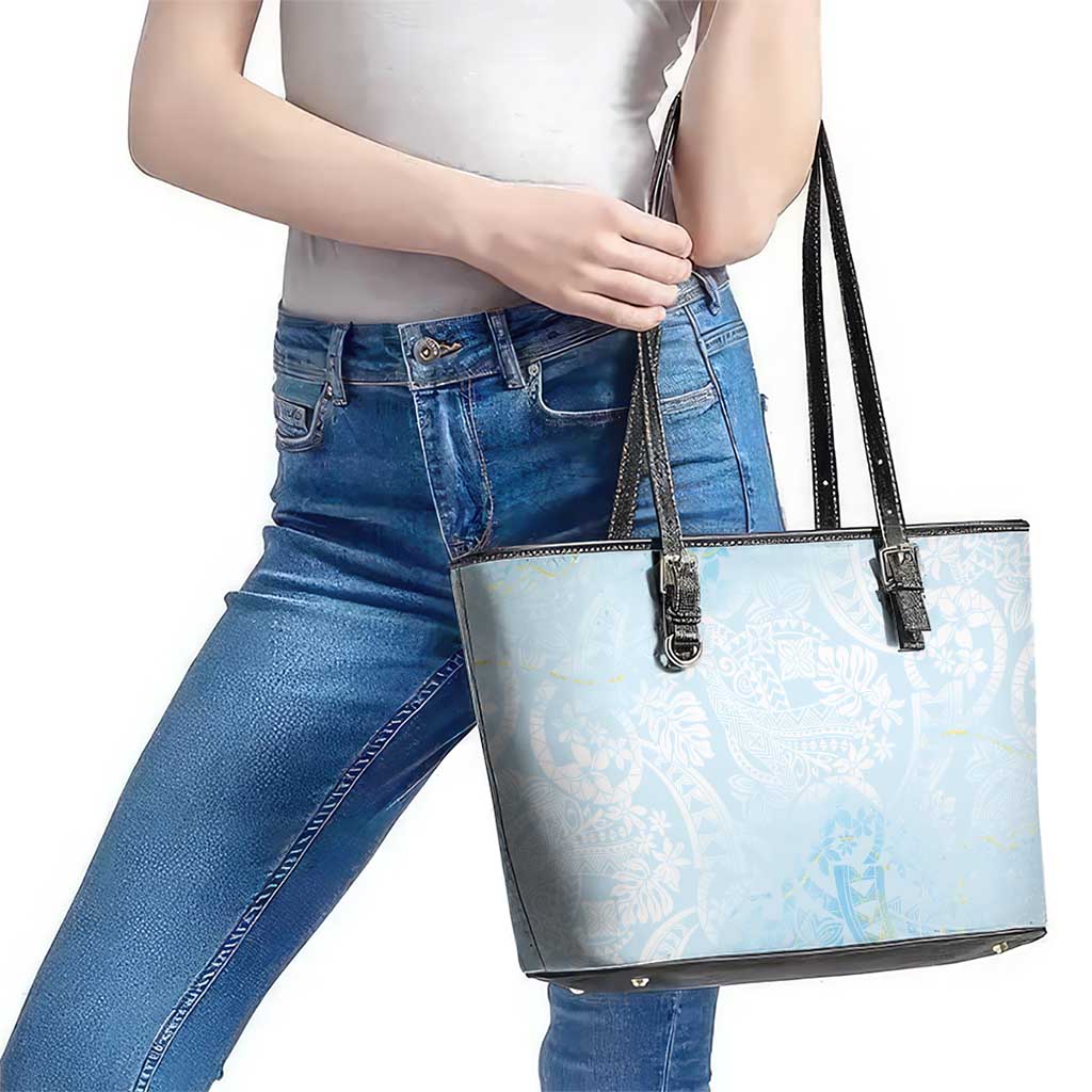 Polynesian Tiare Monstera Baby Blue Leather Tote Bag Liquid Style - Polynesian Pride