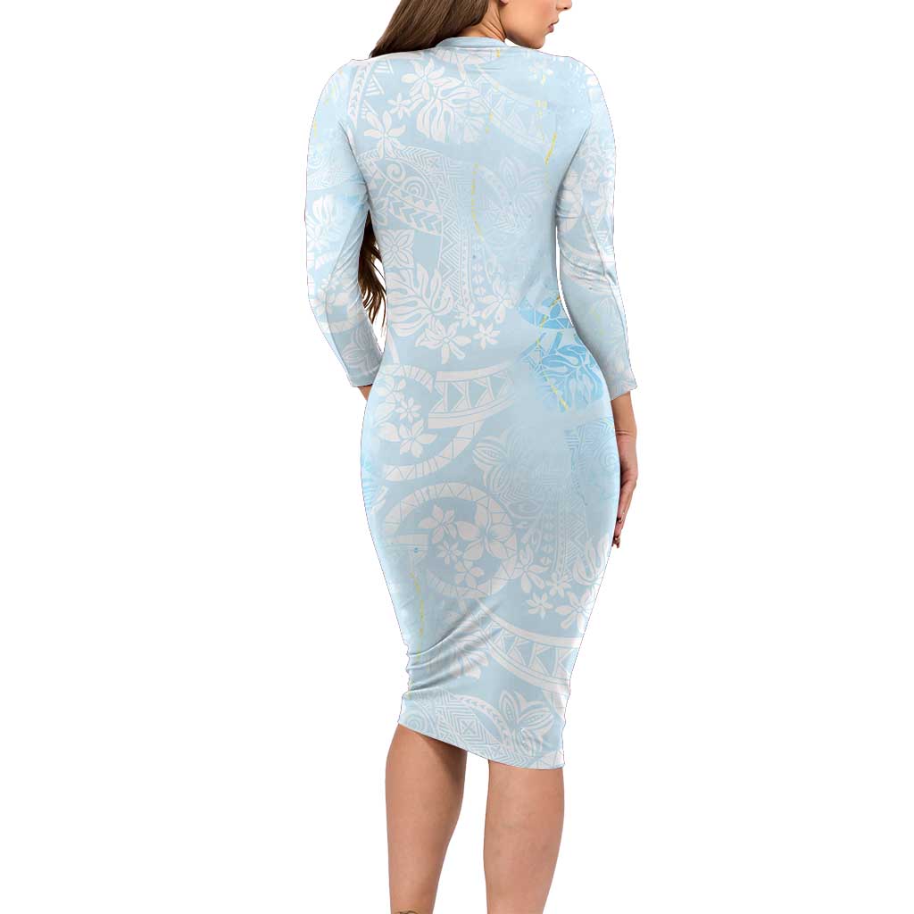 Polynesian Tiare Monstera Baby Blue Long Sleeve Bodycon Dress Liquid Style - Polynesian Pride