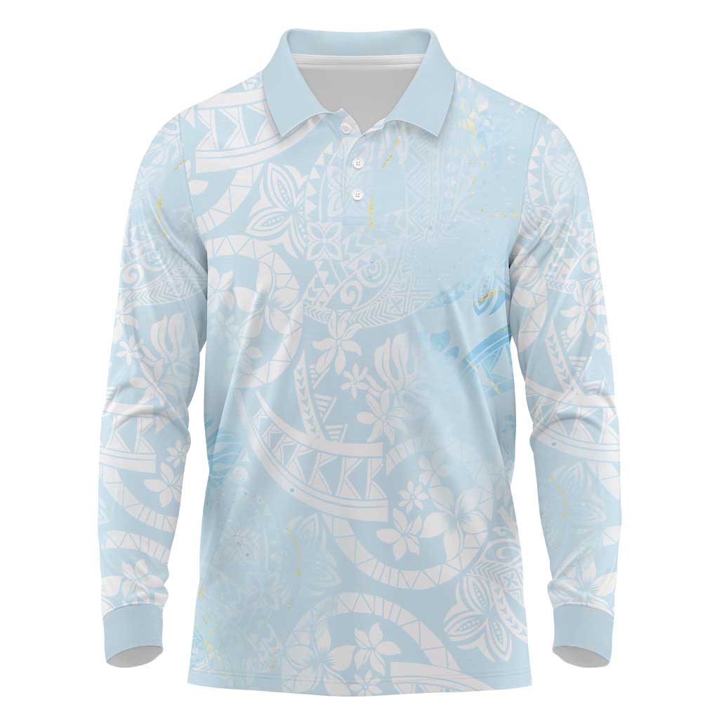 Polynesian Tiare Monstera Baby Blue Long Sleeve Polo Shirt Liquid Style - Polynesian Pride