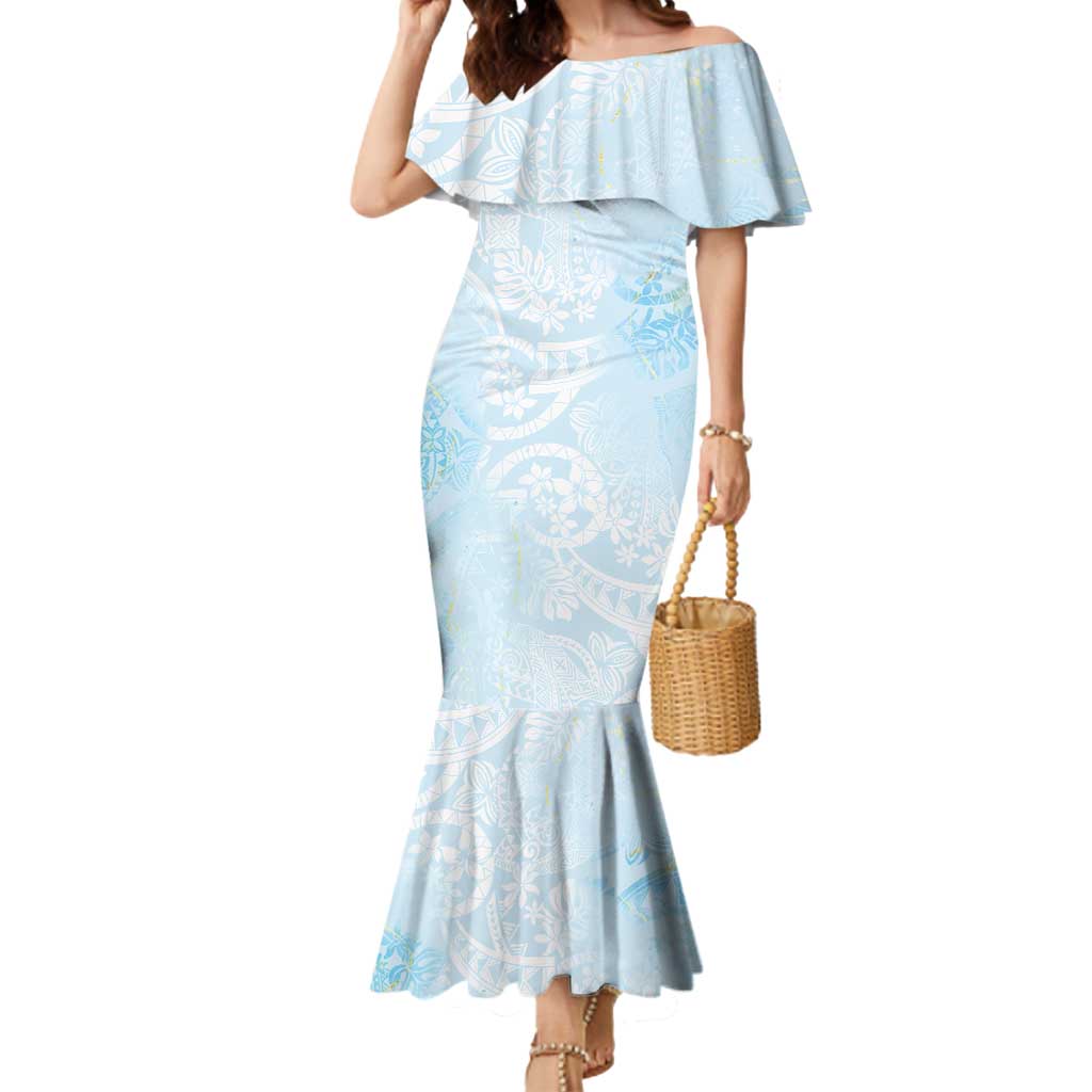 Polynesian Tiare Monstera Baby Blue Mermaid Dress Liquid Style - Polynesian Pride