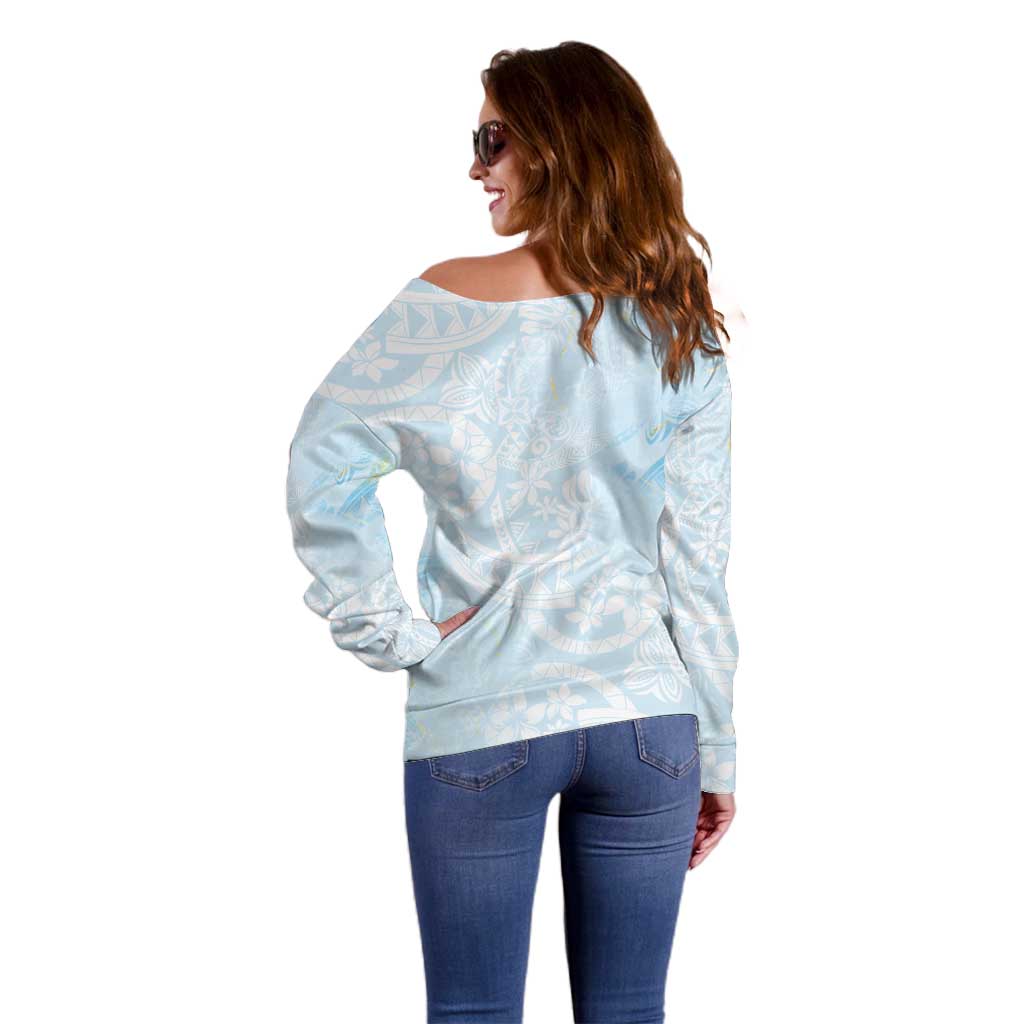 Polynesian Tiare Monstera Baby Blue Off Shoulder Sweater Liquid Style - Polynesian Pride