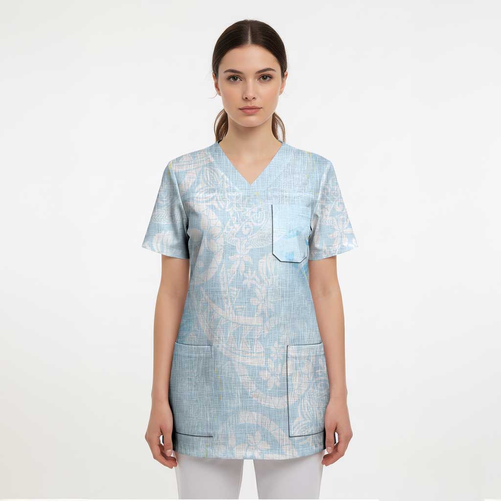 Polynesian Tiare Monstera Baby Blue Scrub Top Liquid Style - Polynesian Pride
