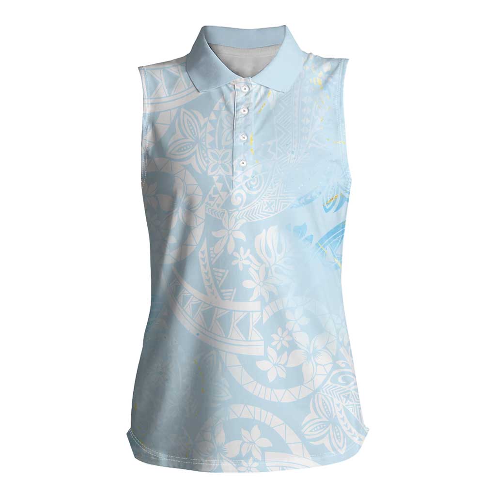 Polynesian Tiare Monstera Baby Blue Women Sleeveless Polo Shirt Liquid Style - Polynesian Pride