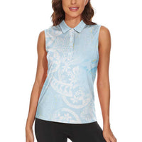 Polynesian Tiare Monstera Baby Blue Women Sleeveless Polo Shirt Liquid Style - Polynesian Pride
