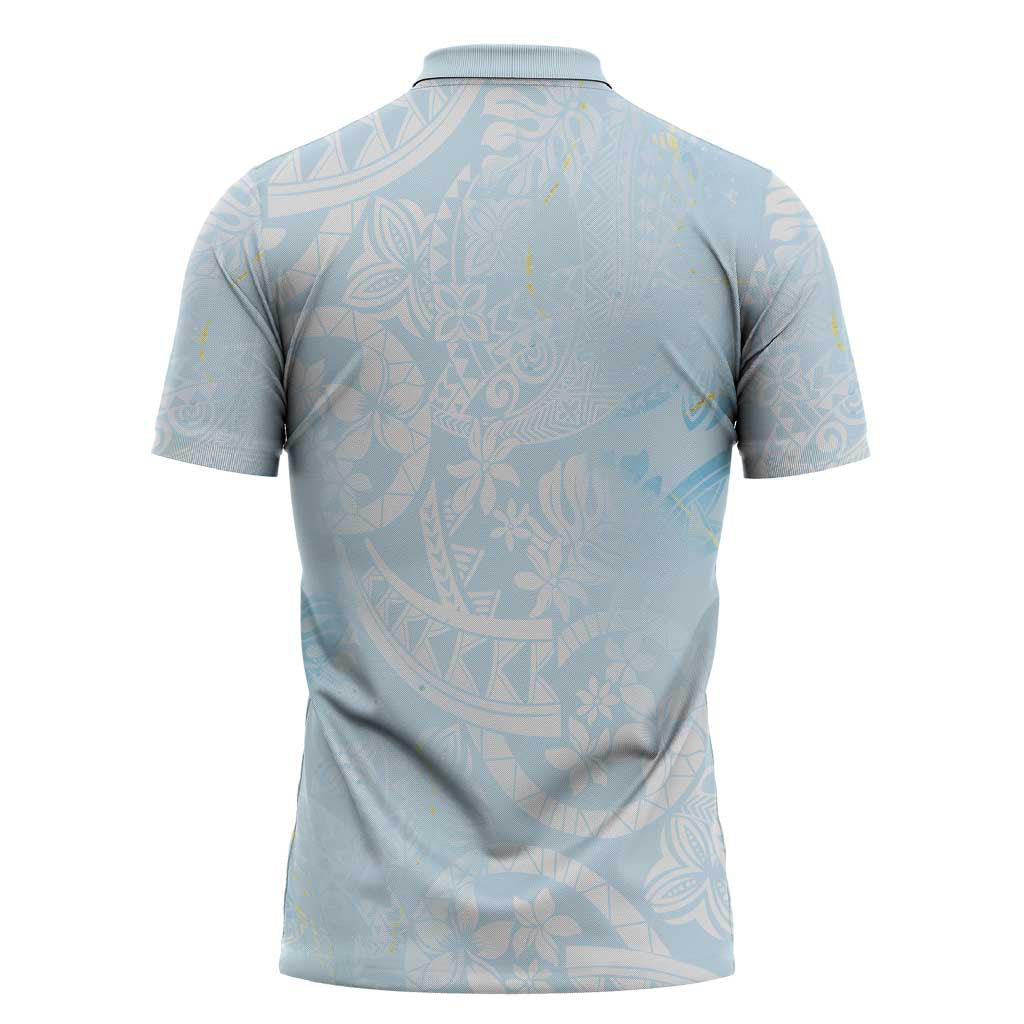 Polynesian Tiare Monstera Baby Blue Zipper Polo Shirt Liquid Style - Polynesian Pride