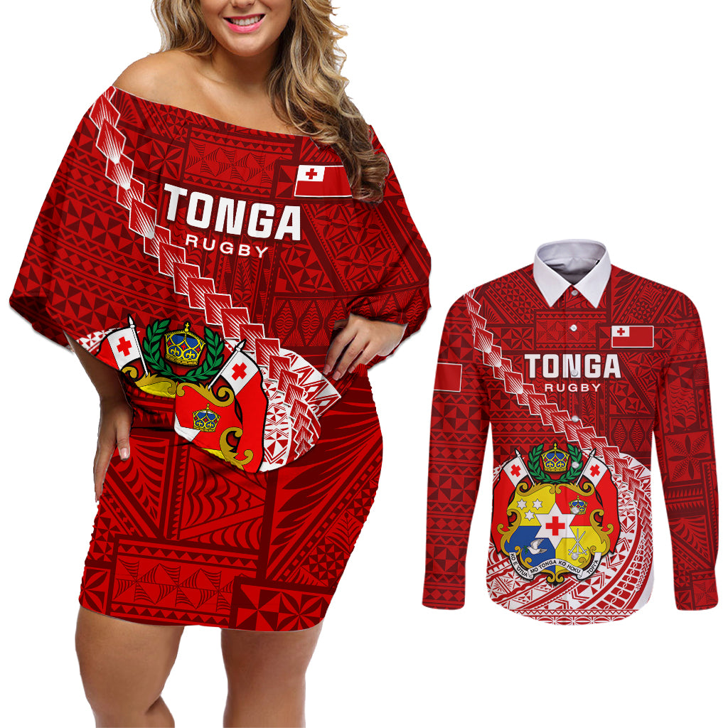 Tonga Rugby Couples Matching Off Shoulder Short Dress and Long Sleeve Button Shirts Tongan Ngatu Pattern White Version LT01 Red - Polynesian Pride