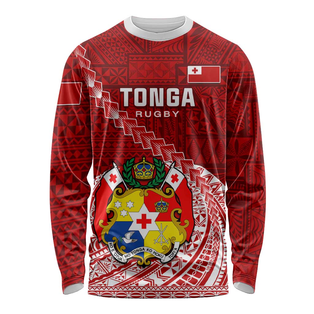 Tonga Rugby Long Sleeve Shirt Tongan Ngatu Pattern White Version LT01 Unisex Red - Polynesian Pride