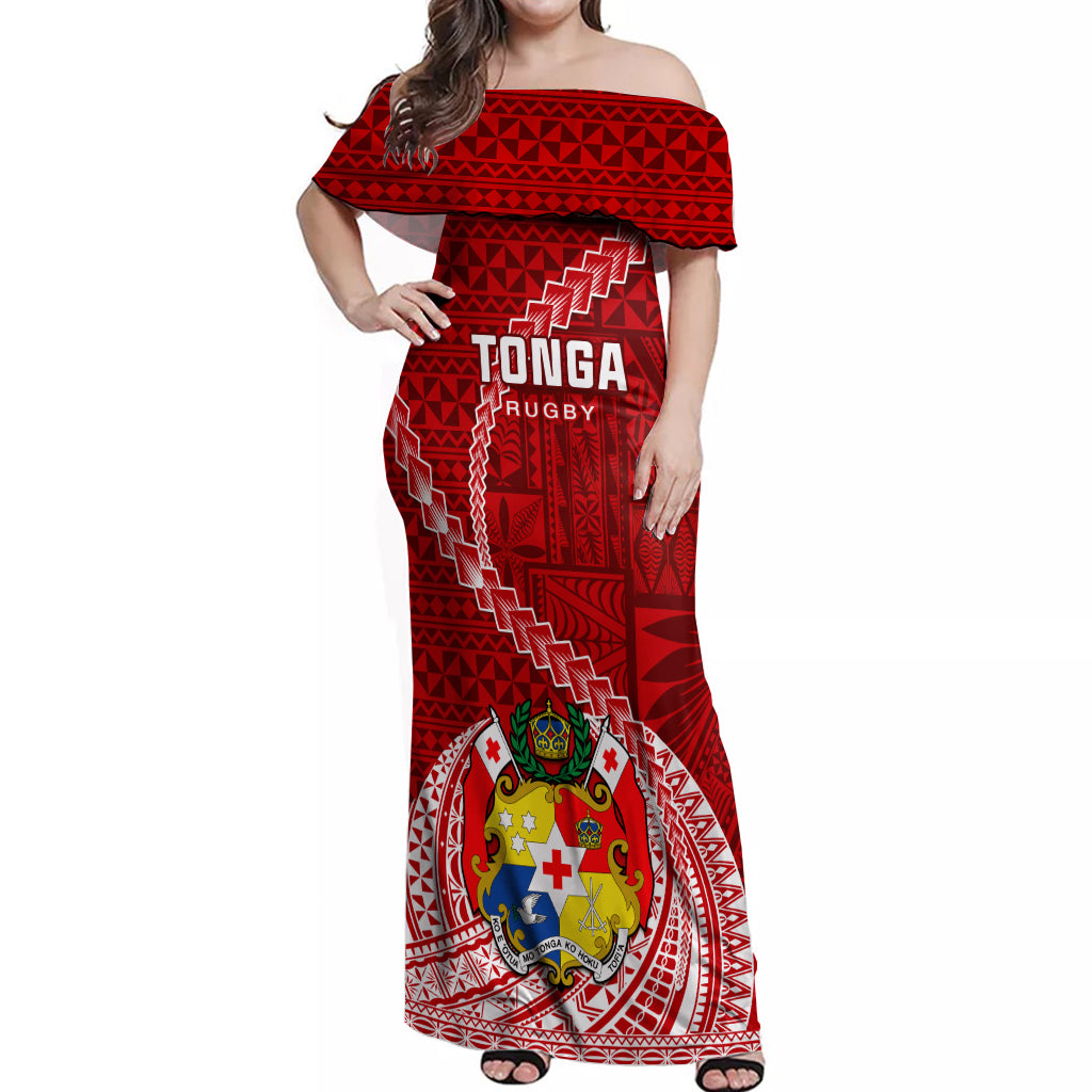 maxi rugby dress Tonga Rugby Off Shoulder Maxi Dress Tongan Ngatu Pattern White Version