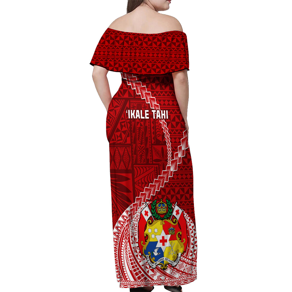 Tonga Rugby Off Shoulder Maxi Dress Tongan Ngatu Pattern White Version LT01 - Polynesian Pride