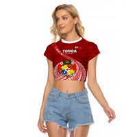 Tonga Rugby Raglan Cropped T Shirt Tongan Ngatu Pattern White Version LT01 Female Red - Polynesian Pride