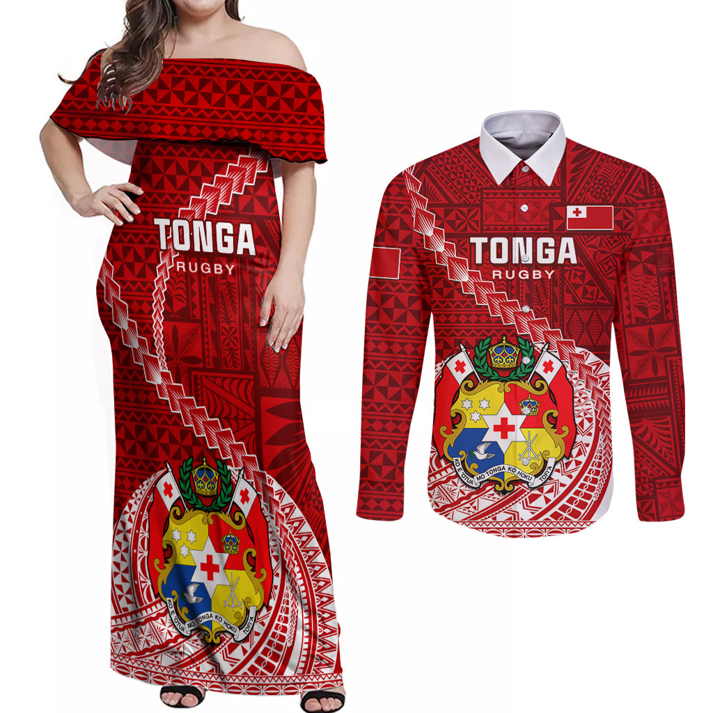 Custom Tonga Rugby Couples Matching Off Shoulder Maxi Dress and Long Sleeve Button Shirts Tongan Ngatu Pattern White Version LT01 Red - Polynesian Pride