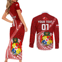 Custom Tonga Rugby Couples Matching Short Sleeve Bodycon Dress and Long Sleeve Button Shirts Tongan Ngatu Pattern White Version LT01 - Polynesian Pride